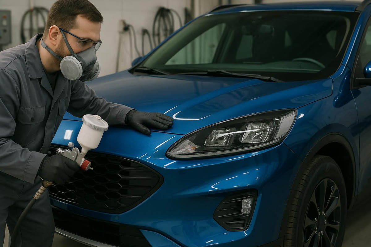 KFZ Mechaniker mit Lackpistole in Werkstatt