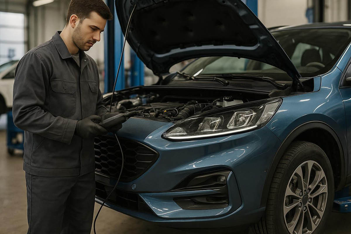 Werkstattmitarbeiter liest Fehler aus