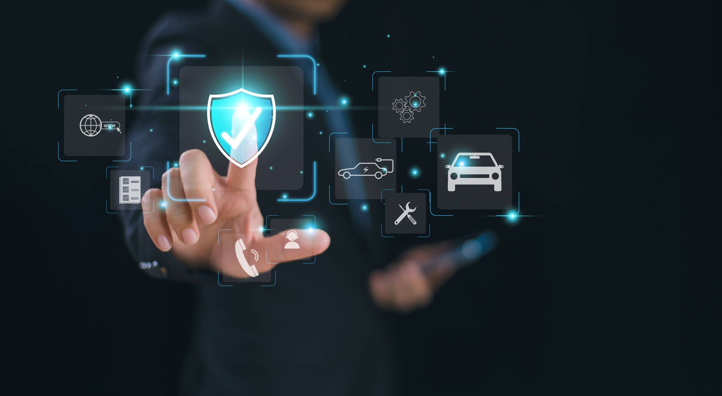 Eine Person tippt auf ein holografisch dargestelltes Icon