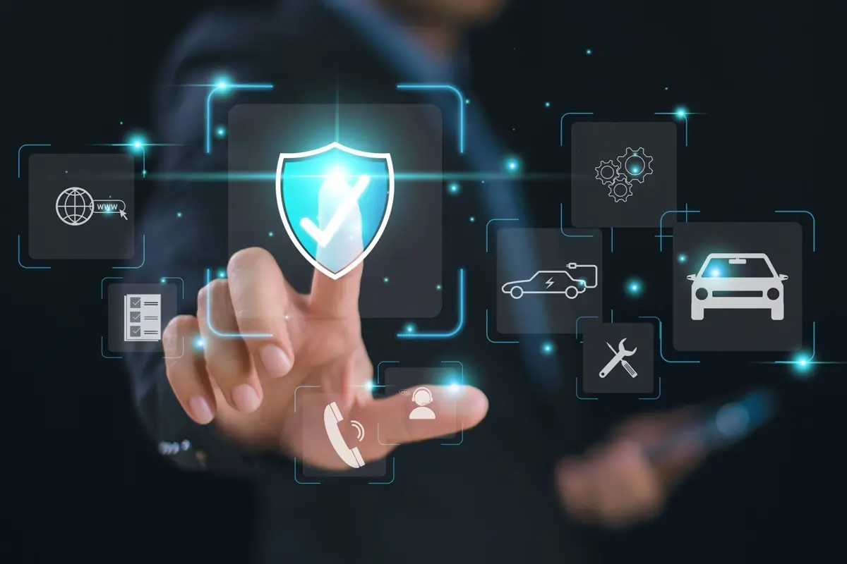 Eine Person tippt auf ein holografisch dargestelltes Icon