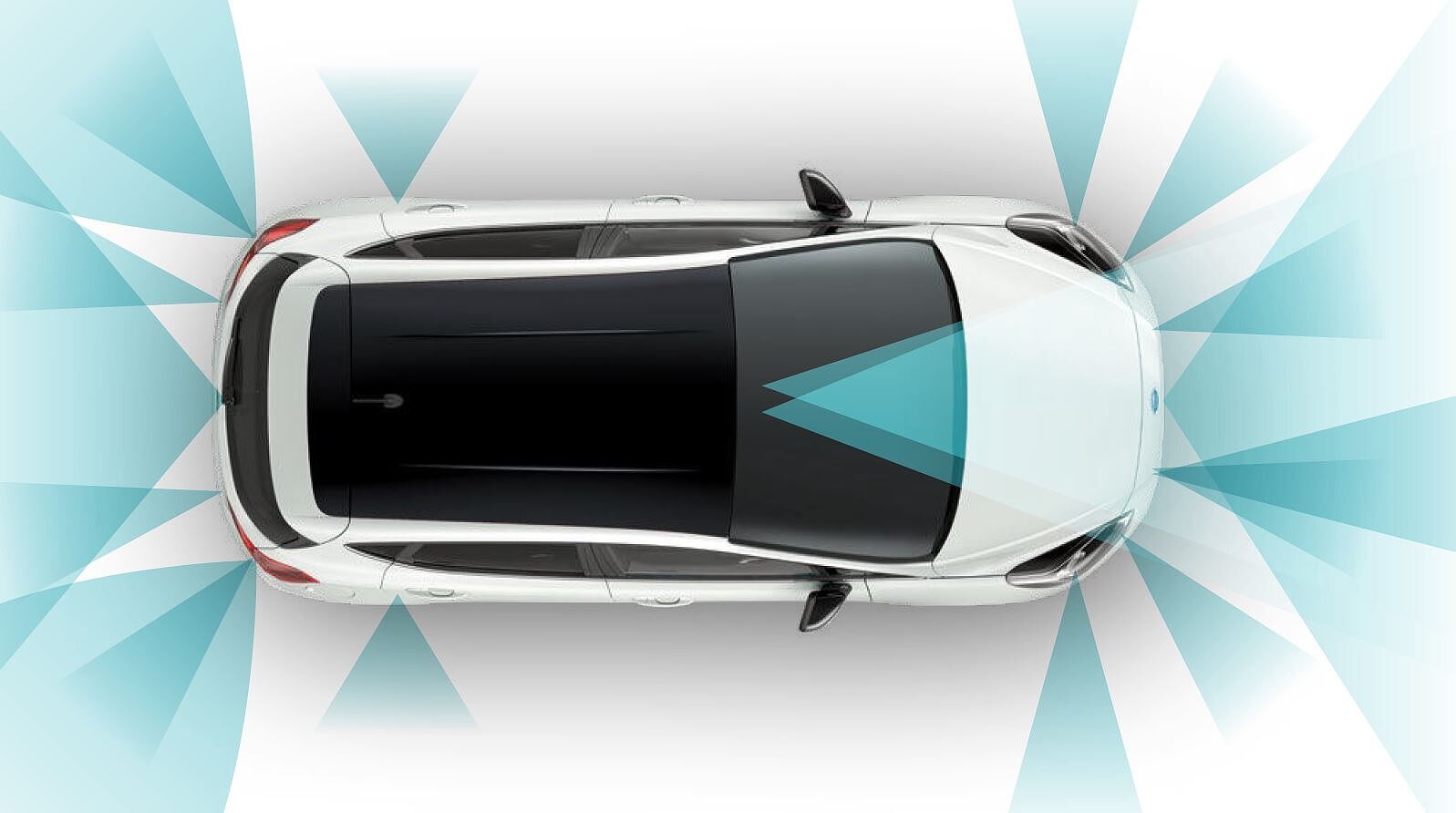 Eine grafische Darstellung eines Autos aus der Vogelperspektive mit verschiedenen Sensoren, die einen Kegel von sich abstrahlen